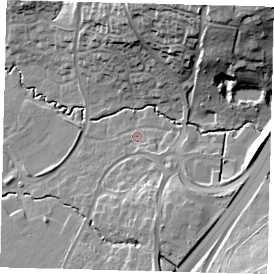 Shaded relief map of the ground around RH107HD, computed from Environment Agency LiDAR. The ground here sits at about 76 m above sea level and falls 34 m across the surrounding 800 m. Surface water reaching this point runs off ground lying to the east, 13.5 m higher.