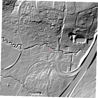Shaded relief map of the ground around RH107HE, computed from Environment Agency LiDAR. The ground here sits at about 76 m above sea level and falls 34 m across the surrounding 800 m. Surface water reaching this point runs off ground lying to the north-north-east, 31.3 m higher.