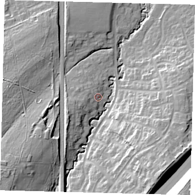 Shaded relief map of the ground around RH107HN, computed from Environment Agency LiDAR. The ground here sits at about 80 m above sea level and falls 34 m across the surrounding 800 m. Surface water reaching this point runs off ground lying to the west-south-west, 5.7 m higher.