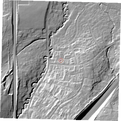 Shaded relief map of the ground around RH107JJ, computed from Environment Agency LiDAR. The ground here sits at about 81 m above sea level and falls 32 m across the surrounding 800 m. Surface water reaching this point runs off ground lying to the east-south-east, 8.4 m higher.
