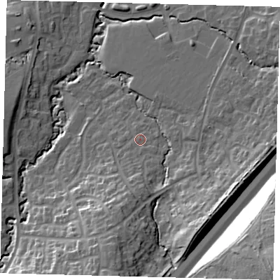 Shaded relief map of the ground around RH107JS, computed from Environment Agency LiDAR. The ground here sits at about 80 m above sea level and falls 38 m across the surrounding 800 m. Surface water reaching this point runs off ground lying to the south, 5.6 m higher.