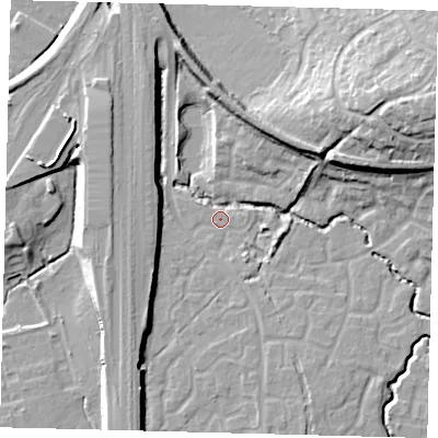 Shaded relief map of the ground around RH107NF, computed from Environment Agency LiDAR. The ground here sits at about 72 m above sea level and falls 22 m across the surrounding 800 m. Surface water reaching this point runs off ground lying to the south-south-west, 9.3 m higher.