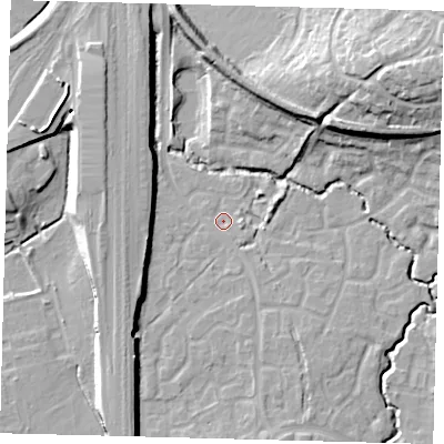 Shaded relief map of the ground around RH107NG, computed from Environment Agency LiDAR. The ground here sits at about 72 m above sea level and falls 22 m across the surrounding 800 m. Surface water reaching this point runs off ground lying to the south-south-east, 6.2 m higher.