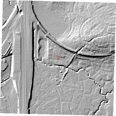 Shaded relief map of the ground around RH107NH, computed from Environment Agency LiDAR. The ground here sits at about 73 m above sea level and falls 25 m across the surrounding 800 m. Surface water reaching this point runs off ground lying to the east-north-east, 13.0 m higher.