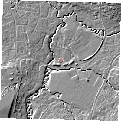 Shaded relief map of the ground around RH107QG, computed from Environment Agency LiDAR. The ground here sits at about 74 m above sea level and falls 14 m across the surrounding 800 m. Surface water reaching this point runs off ground lying to the east-south-east, 2.6 m higher.