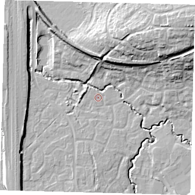 Shaded relief map of the ground around RH107UJ, computed from Environment Agency LiDAR. The ground here sits at about 72 m above sea level and falls 25 m across the surrounding 800 m. Surface water reaching this point runs off ground lying to the south-west, 2.4 m higher.