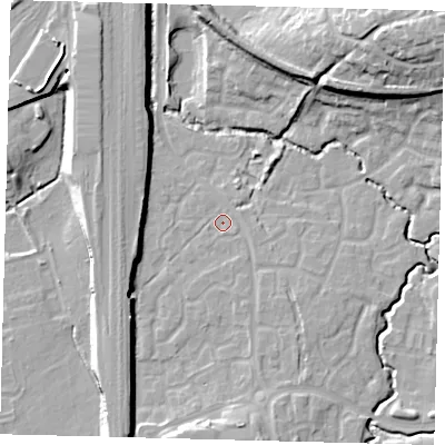 Shaded relief map of the ground around RH107UU, computed from Environment Agency LiDAR. The ground here sits at about 73 m above sea level and falls 22 m across the surrounding 800 m. Surface water reaching this point runs off ground lying to the south-south-east, 4.3 m higher.