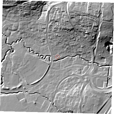 Shaded relief map of the ground around RH107WN, computed from Environment Agency LiDAR. The ground here sits at about 75 m above sea level and falls 35 m across the surrounding 800 m. Surface water reaching this point runs off ground lying to the north-east, 32.4 m higher.