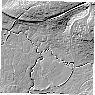 Shaded relief map of the ground around RH107WR, computed from Environment Agency LiDAR. The ground here sits at about 73 m above sea level and falls 28 m across the surrounding 800 m. Surface water reaching this point runs off ground lying to the east-north-east, 26.5 m higher.