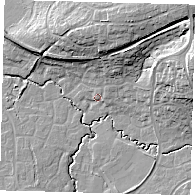 Shaded relief map of the ground around RH107WY, computed from Environment Agency LiDAR. The ground here sits at about 75 m above sea level and falls 27 m across the surrounding 800 m. Surface water reaching this point runs off ground lying to the north-east, 4.3 m higher.
