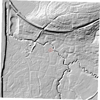 Shaded relief map of the ground around RH107WZ, computed from Environment Agency LiDAR. The ground here sits at about 72 m above sea level and falls 25 m across the surrounding 800 m. Surface water reaching this point runs off ground lying to the north-east, 22.2 m higher.