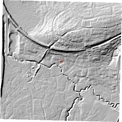 Shaded relief map of the ground around RH107ZT, computed from Environment Agency LiDAR. The ground here sits at about 73 m above sea level and falls 26 m across the surrounding 800 m. Surface water reaching this point runs off ground lying to the north-east, 22.2 m higher.