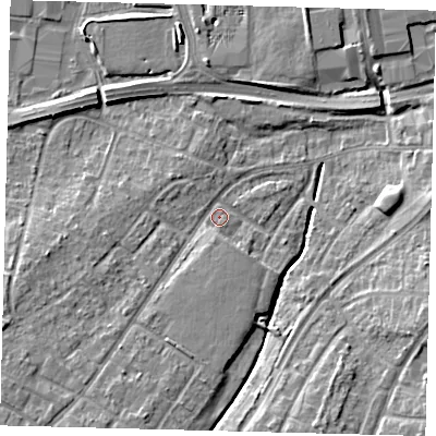 Shaded relief map of the ground around RH108AA, computed from Environment Agency LiDAR. The ground here sits at about 66 m above sea level and falls 9 m across the surrounding 800 m. Surface water reaching this point runs off ground lying to the south-south-west, 4.0 m higher.
