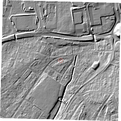 Shaded relief map of the ground around RH108AB, computed from Environment Agency LiDAR. The ground here sits at about 65 m above sea level and falls 10 m across the surrounding 800 m. Surface water reaching this point runs off ground lying to the south-east, 9.8 m higher.