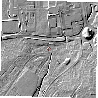 Shaded relief map of the ground around RH108AD, computed from Environment Agency LiDAR. The ground here sits at about 65 m above sea level and falls 13 m across the surrounding 800 m. Surface water reaching this point runs off ground lying to the south-east, 10.8 m higher.
