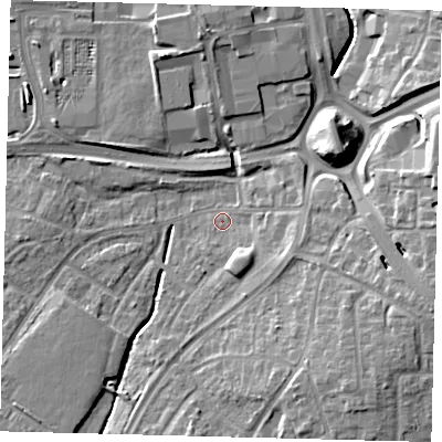 Shaded relief map of the ground around RH108AE, computed from Environment Agency LiDAR. The ground here sits at about 65 m above sea level and falls 13 m across the surrounding 800 m. Surface water reaching this point runs off ground lying to the south-east, 10.8 m higher.