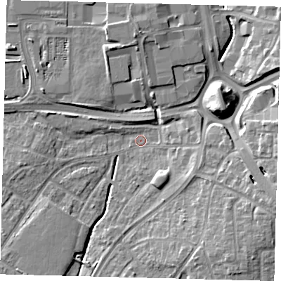 Shaded relief map of the ground around RH108AF, computed from Environment Agency LiDAR. The ground here sits at about 65 m above sea level and falls 13 m across the surrounding 800 m. Surface water reaching this point runs off ground lying to the south-east, 10.8 m higher.
