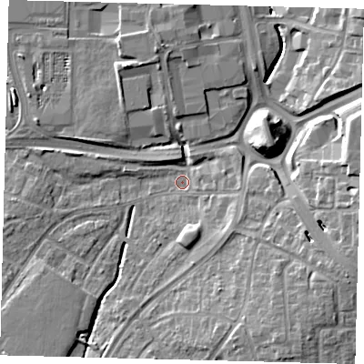 Shaded relief map of the ground around RH108AG, computed from Environment Agency LiDAR. The ground here sits at about 65 m above sea level and falls 13 m across the surrounding 800 m. Surface water reaching this point runs off ground lying to the south-south-east, 10.8 m higher.