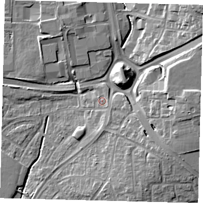 Shaded relief map of the ground around RH108AH, computed from Environment Agency LiDAR. The ground here sits at about 67 m above sea level and falls 17 m across the surrounding 800 m. Surface water reaching this point runs off ground lying to the south-east, 2.0 m higher.