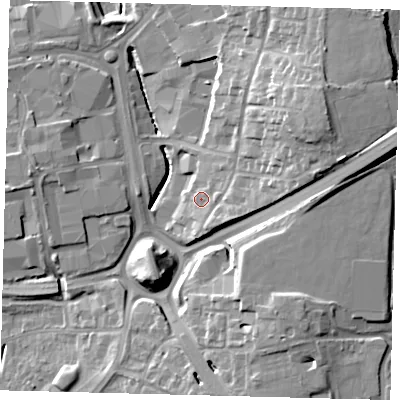 Shaded relief map of the ground around RH108AJ, computed from Environment Agency LiDAR. The ground here sits at about 67 m above sea level and falls 19 m across the surrounding 800 m. Surface water reaching this point runs off ground lying to the east-north-east, 2.8 m higher.
