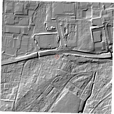 Shaded relief map of the ground around RH108AS, computed from Environment Agency LiDAR. The ground here sits at about 65 m above sea level and falls 7 m across the surrounding 800 m. Surface water reaching this point runs off ground lying to the west-north-west, 2.8 m higher.