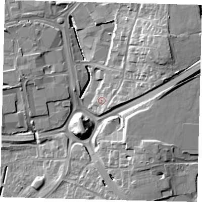 Shaded relief map of the ground around RH108AU, computed from Environment Agency LiDAR. The ground here sits at about 66 m above sea level and falls 18 m across the surrounding 800 m. Surface water reaching this point runs off ground lying to the north-east, 14.3 m higher.