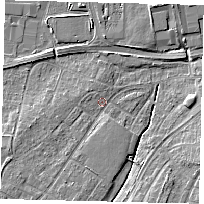 Shaded relief map of the ground around RH108EG, computed from Environment Agency LiDAR. The ground here sits at about 67 m above sea level and falls 8 m across the surrounding 800 m. Surface water reaching this point runs off ground lying to the south-west, 3.8 m higher.