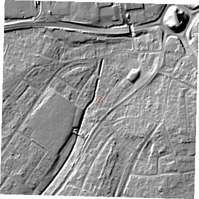 Shaded relief map of the ground around RH108EH, computed from Environment Agency LiDAR. The ground here sits at about 67 m above sea level and falls 11 m across the surrounding 800 m. Surface water reaching this point runs off ground lying to the east-south-east, 10.1 m higher.