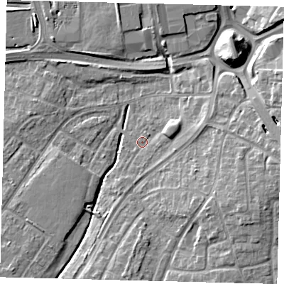 Shaded relief map of the ground around RH108EJ, computed from Environment Agency LiDAR. The ground here sits at about 66 m above sea level and falls 13 m across the surrounding 800 m. Surface water reaching this point runs off ground lying to the east-south-east, 2.5 m higher.