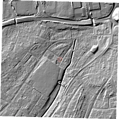 Shaded relief map of the ground around RH108EL, computed from Environment Agency LiDAR. The ground here sits at about 66 m above sea level and falls 10 m across the surrounding 800 m. Surface water reaching this point runs off ground lying to the south-west, 4.5 m higher.