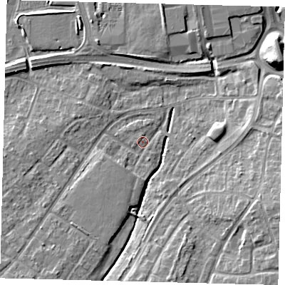 Shaded relief map of the ground around RH108EQ, computed from Environment Agency LiDAR. The ground here sits at about 66 m above sea level and falls 12 m across the surrounding 800 m. Surface water reaching this point runs off ground lying to the east-south-east, 9.6 m higher.