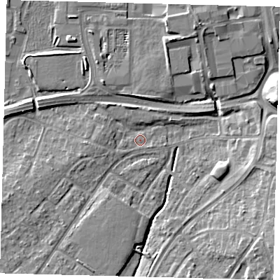 Shaded relief map of the ground around RH108GD, computed from Environment Agency LiDAR. The ground here sits at about 65 m above sea level and falls 10 m across the surrounding 800 m. Surface water reaching this point runs off ground lying to the south-east, 9.8 m higher.