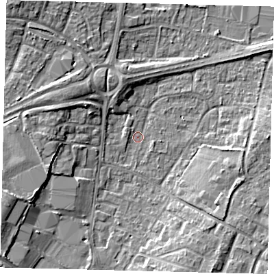 Shaded relief map of the ground around RH108HJ, computed from Environment Agency LiDAR. The ground here sits at about 66 m above sea level and falls 8 m across the surrounding 800 m. Surface water reaching this point runs off ground lying to the west-south-west, 1.6 m higher.