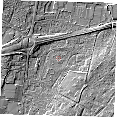 Shaded relief map of the ground around RH108HL, computed from Environment Agency LiDAR. The ground here sits at about 66 m above sea level and falls 7 m across the surrounding 800 m. Surface water reaching this point runs off ground lying to the east-south-east, 1.3 m higher.