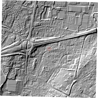 Shaded relief map of the ground around RH108HN, computed from Environment Agency LiDAR. The ground here sits at about 66 m above sea level and falls 8 m across the surrounding 800 m. Surface water reaching this point runs off ground lying to the west, 5.0 m higher.