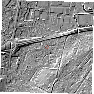 Shaded relief map of the ground around RH108HP, computed from Environment Agency LiDAR. The ground here sits at about 66 m above sea level and falls 7 m across the surrounding 800 m. Surface water reaching this point runs off ground lying to the west, 6.4 m higher.