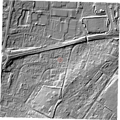 Shaded relief map of the ground around RH108HR, computed from Environment Agency LiDAR. The ground here sits at about 65 m above sea level and falls 6 m across the surrounding 800 m. Surface water reaching this point runs off ground lying to the south, 5.2 m higher.
