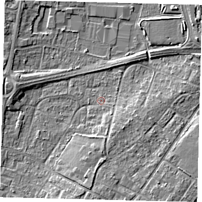 Shaded relief map of the ground around RH108HS, computed from Environment Agency LiDAR. The ground here sits at about 66 m above sea level and falls 6 m across the surrounding 800 m. Surface water reaching this point runs off ground lying to the south-south-west, 5.3 m higher.