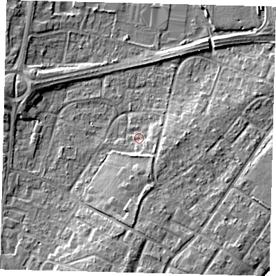 Shaded relief map of the ground around RH108HT, computed from Environment Agency LiDAR. The ground here sits at about 66 m above sea level and falls 7 m across the surrounding 800 m. Surface water reaching this point runs off ground lying to the south-south-east, 3.5 m higher.