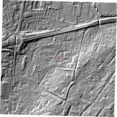 Shaded relief map of the ground around RH108HU, computed from Environment Agency LiDAR. The ground here sits at about 66 m above sea level and falls 7 m across the surrounding 800 m. Surface water reaching this point runs off ground lying to the south-east, 3.8 m higher.