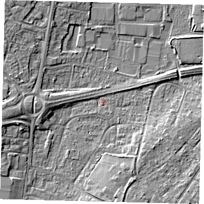 Shaded relief map of the ground around RH108HW, computed from Environment Agency LiDAR. The ground here sits at about 66 m above sea level and falls 7 m across the surrounding 800 m. Surface water reaching this point runs off ground lying to the west, 5.4 m higher.
