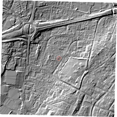 Shaded relief map of the ground around RH108HY, computed from Environment Agency LiDAR. The ground here sits at about 66 m above sea level and falls 7 m across the surrounding 800 m. Surface water reaching this point runs off ground lying to the west, 6.2 m higher.
