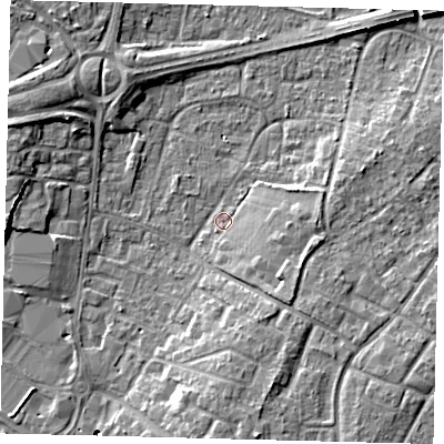 Shaded relief map of the ground around RH108HZ, computed from Environment Agency LiDAR. The ground here sits at about 66 m above sea level and falls 8 m across the surrounding 800 m. Surface water reaching this point runs off ground lying to the east-south-east, 3.1 m higher.