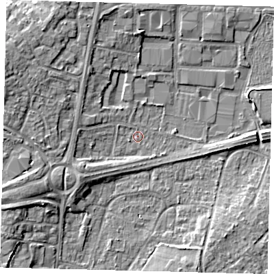 Shaded relief map of the ground around RH108JJ, computed from Environment Agency LiDAR. The ground here sits at about 66 m above sea level and falls 7 m across the surrounding 800 m. Surface water reaching this point runs off ground lying to the west-south-west, 6.6 m higher.