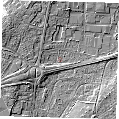 Shaded relief map of the ground around RH108JL, computed from Environment Agency LiDAR. The ground here sits at about 66 m above sea level and falls 8 m across the surrounding 800 m. Surface water reaching this point runs off ground lying to the west-north-west, 7.5 m higher.