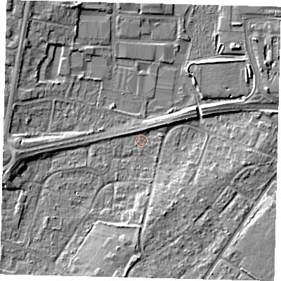 Shaded relief map of the ground around RH108JN, computed from Environment Agency LiDAR. The ground here sits at about 65 m above sea level and falls 5 m across the surrounding 800 m. Surface water reaching this point runs off ground lying to the south, 4.3 m higher.