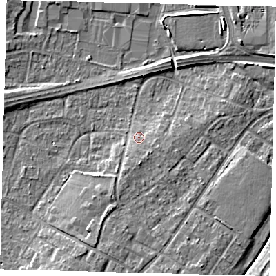 Shaded relief map of the ground around RH108JP, computed from Environment Agency LiDAR. The ground here sits at about 67 m above sea level and falls 6 m across the surrounding 800 m. Surface water reaching this point runs off ground lying to the south-south-east, 2.3 m higher.