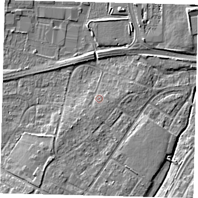 Shaded relief map of the ground around RH108JR, computed from Environment Agency LiDAR. The ground here sits at about 67 m above sea level and falls 7 m across the surrounding 800 m. Surface water reaching this point runs off ground lying to the south-south-west, 1.8 m higher.