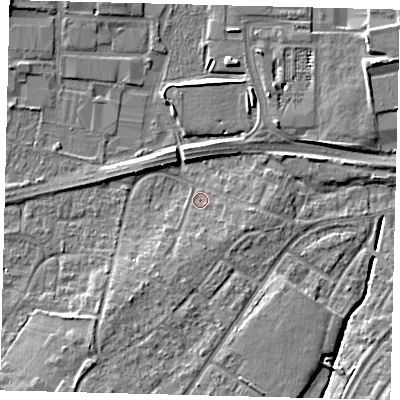 Shaded relief map of the ground around RH108JS, computed from Environment Agency LiDAR. The ground here sits at about 66 m above sea level and falls 7 m across the surrounding 800 m. Surface water reaching this point runs off ground lying to the south, 2.2 m higher.