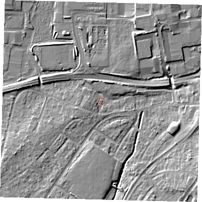 Shaded relief map of the ground around RH108JT, computed from Environment Agency LiDAR. The ground here sits at about 66 m above sea level and falls 10 m across the surrounding 800 m. Surface water reaching this point runs off ground lying to the south-east, 8.3 m higher.